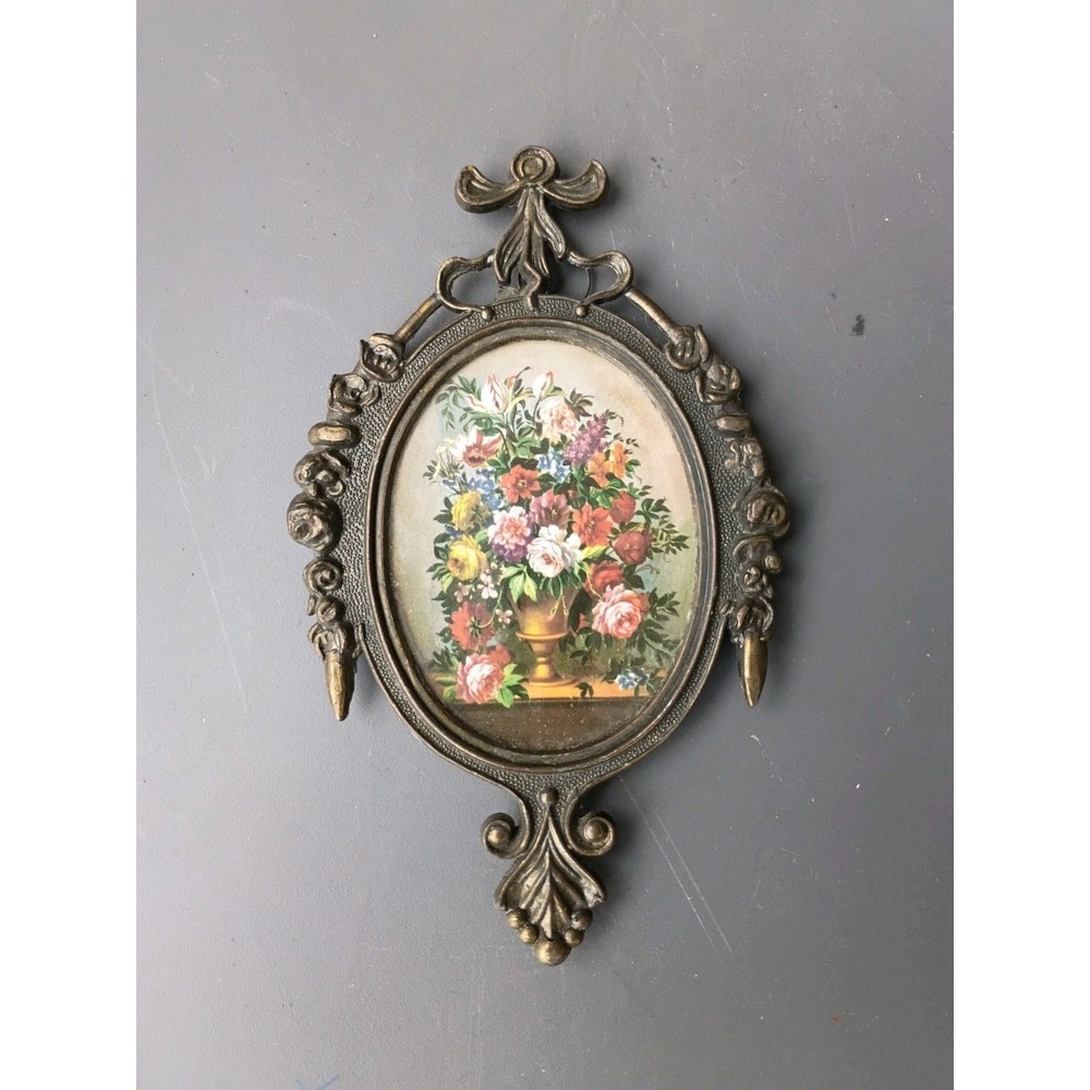 Oval Brass Ornate Frame- Floral Picture -Italy 6.5" X3.5" Wall Hanging